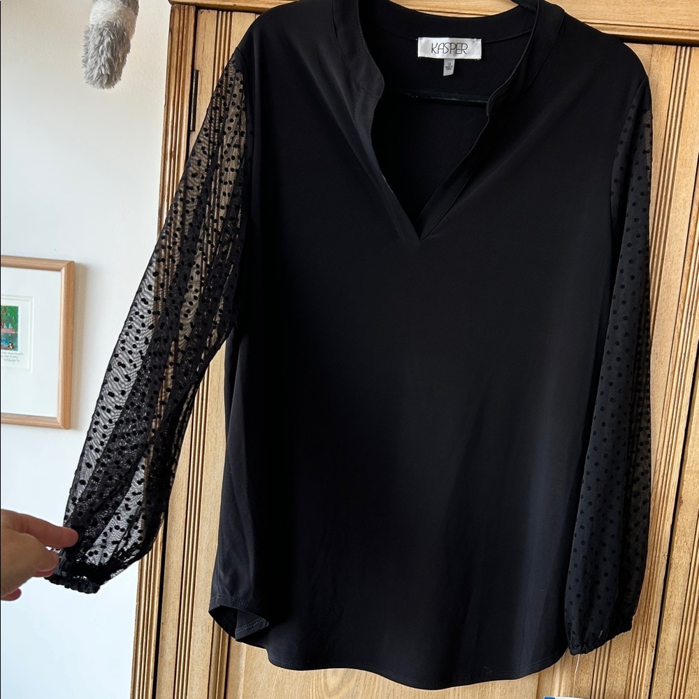 NWT Kasper Black Top -Polka Dot Sleeves 1X